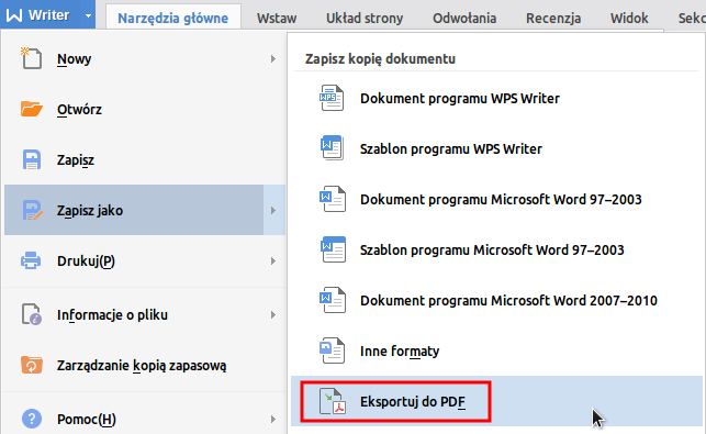 Zapis CV do PDF w WPS office Writter 1z2